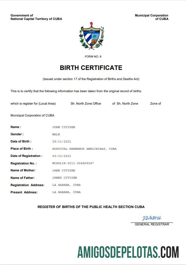 Imprimível modelo Word e PDF de certidão de nascimento de registro vital de Cuba